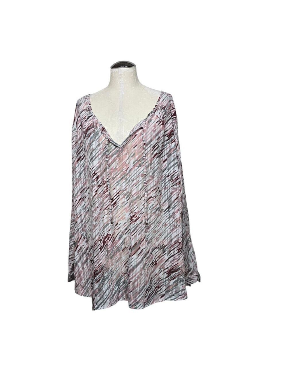 Ashley Stewart Striped Cold Shoulder Blouse Red Pink Gray White Tassels 26/28